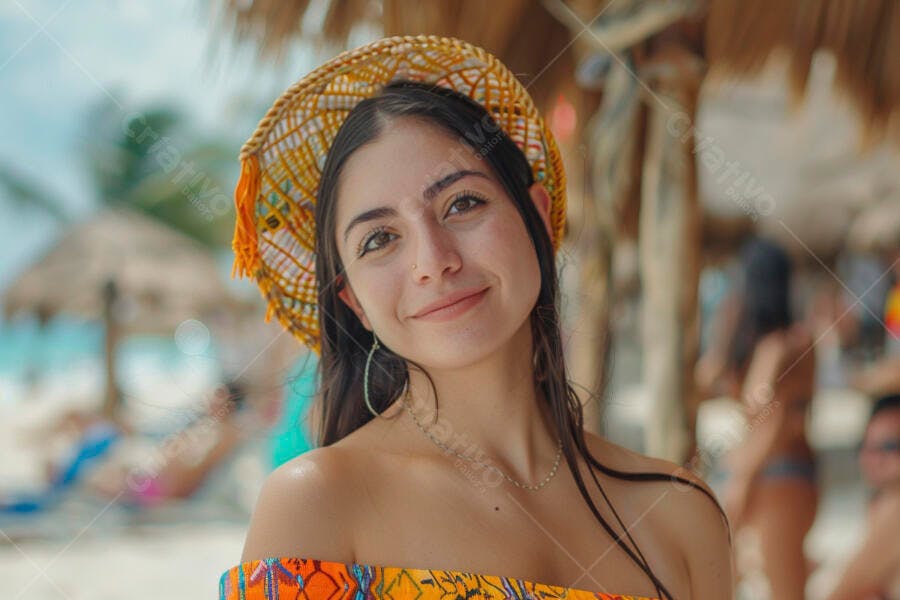 Mulher sorridente com chapéu de palha na praia