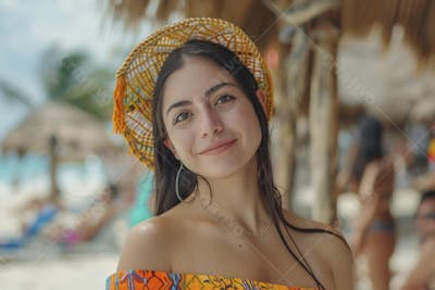 Mulher sorridente em Cancún aproveitando o paraíso tropical