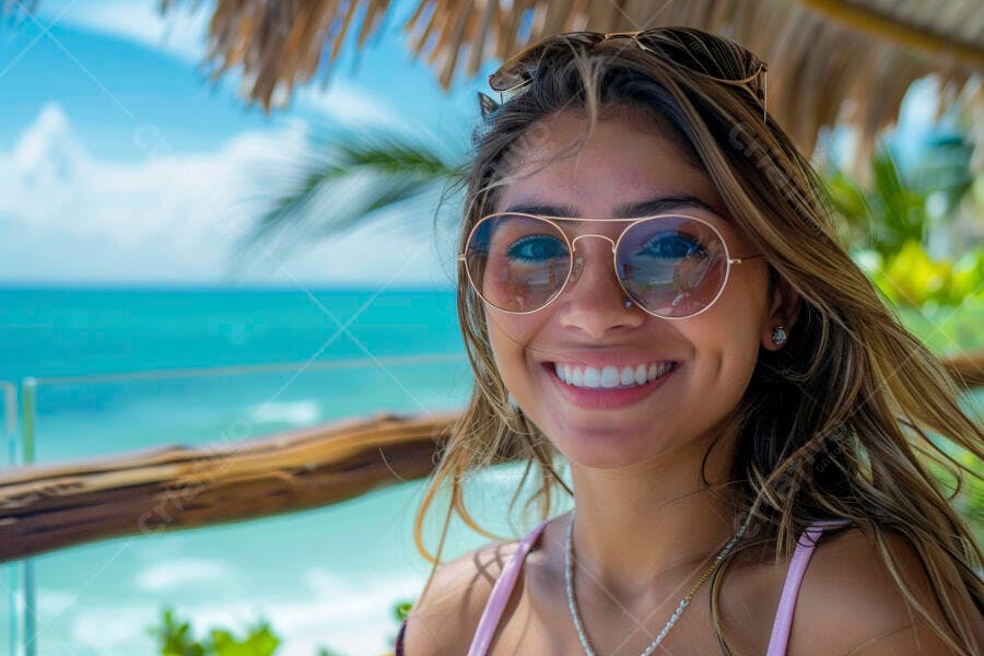 Mulher sorridente de óculos de sol na praia