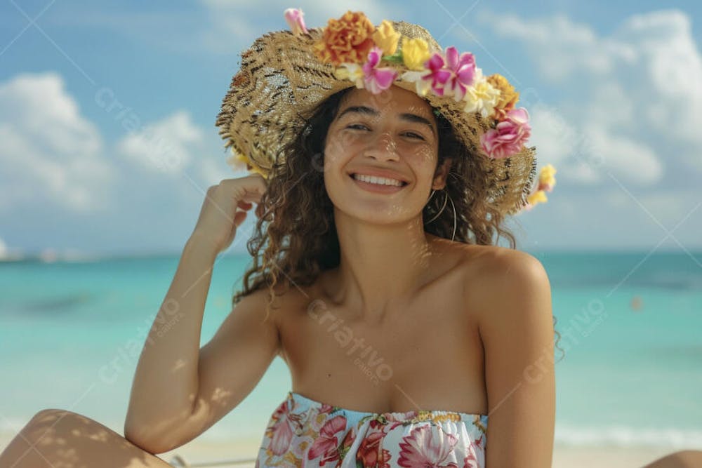 Mulher sorridente em Cancún aproveitando o paraíso tropical