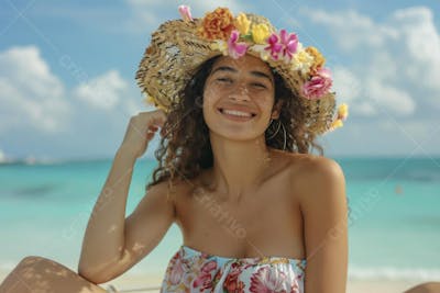 Mulher sorridente em Cancún aproveitando o paraíso tropical