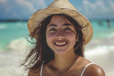 Mulher sorridente em Cancún aproveitando o paraíso tropical