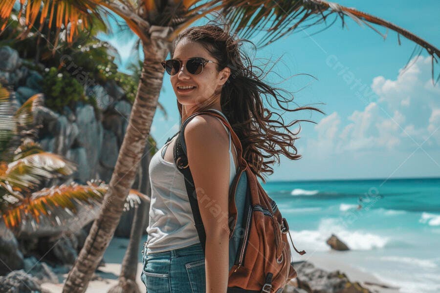 Mochila na praia mulher feliz sorrindo