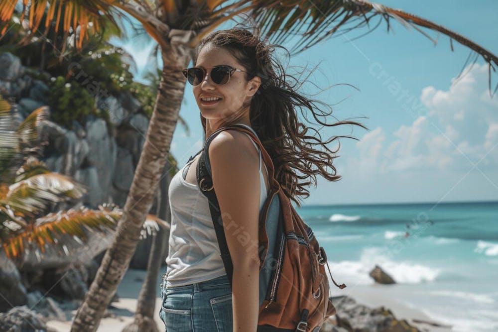 Mulher sorridente em Cancún aproveitando o paraíso tropical