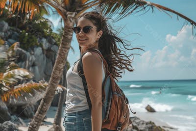Mulher sorridente em Cancún aproveitando o paraíso tropical