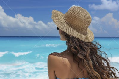 Mulher sorridente em Cancún aproveitando o paraíso tropical