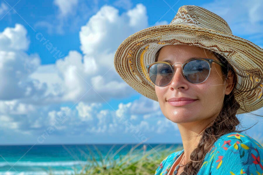 Mulher sorridente com chapéu de palha na praia