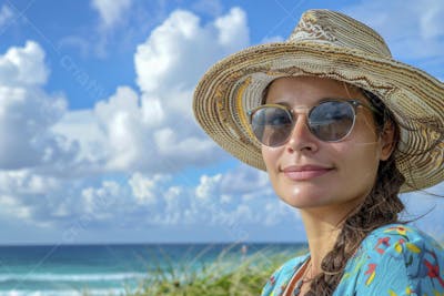 Mulher sorridente em Cancún aproveitando o paraíso tropical