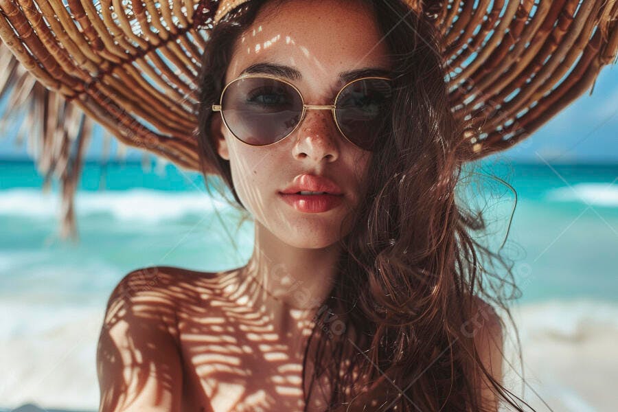 Mulher na praia com chapéu de palha