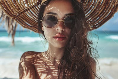 Mulher sorridente em Cancún aproveitando o paraíso tropical