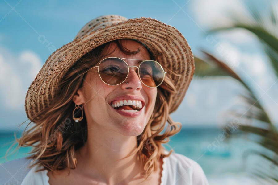 Mulher feliz na praia com chapéu de palha