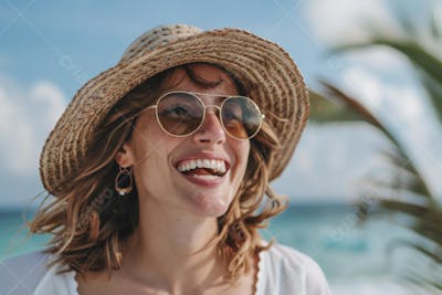 Mulher sorridente em Cancún aproveitando o paraíso tropical
