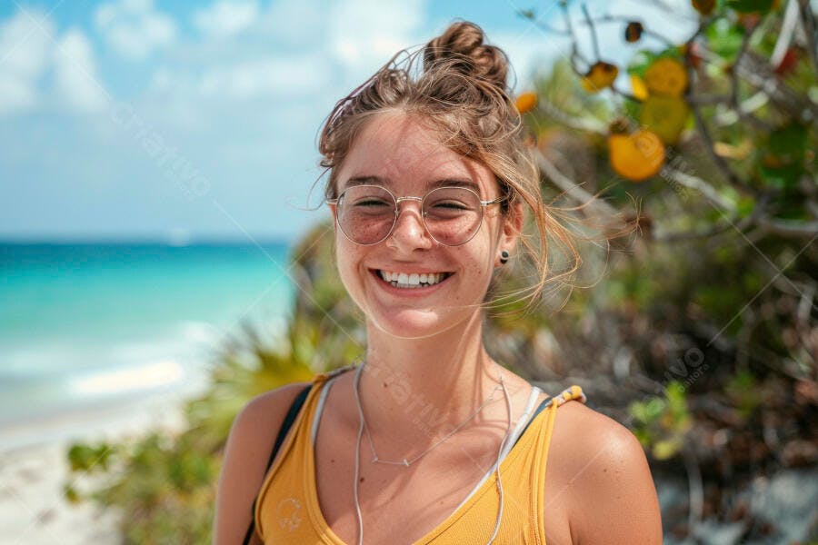 Mulher feliz na praia sorrindo