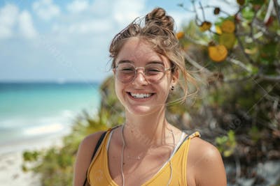 Mulher sorridente em Cancún aproveitando o paraíso tropical