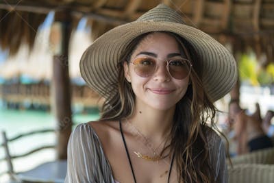Mulher sorridente em Cancún aproveitando o paraíso tropical
