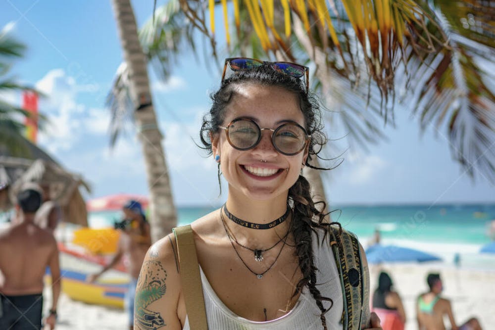 Mulher sorridente em Cancún aproveitando o paraíso tropical