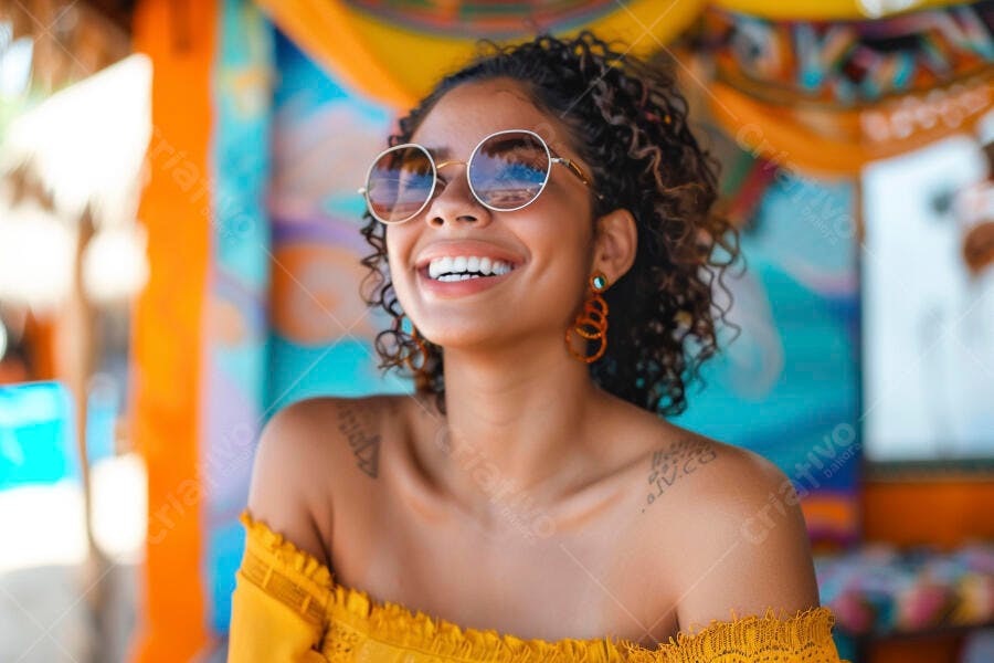 Mulher sorridente com óculos de sol em cenário vibrante