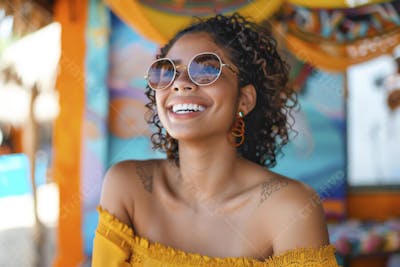 Mulher sorridente em Cancún aproveitando o paraíso tropical