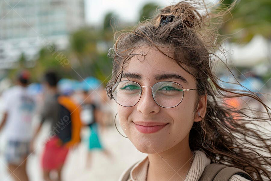 Mulher jovem óculos sorrindo vento