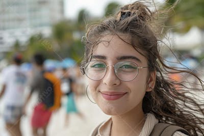 Mulher sorridente em Cancún aproveitando o paraíso tropical