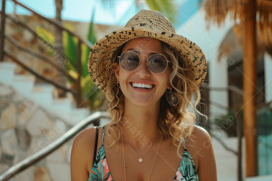 Mulher sorridente com chapéu de palha na praia