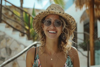 Mulher sorridente em Cancún aproveitando o paraíso tropical