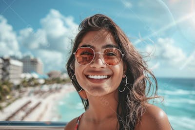 Mulher sorridente em Cancún aproveitando o paraíso tropical