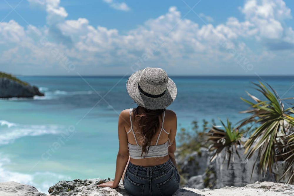 Mulher sorridente em Cancún aproveitando o paraíso tropical