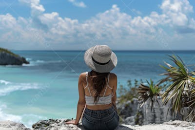 Mulher sorridente em Cancún aproveitando o paraíso tropical