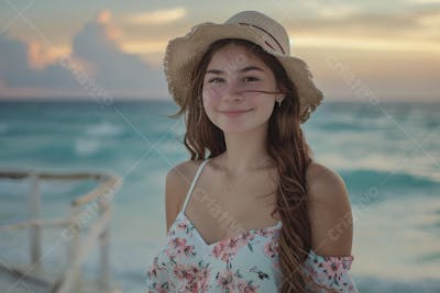 Mulher sorridente em Cancún aproveitando o paraíso tropical