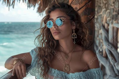 Mulher sorridente em Cancún aproveitando o paraíso tropical