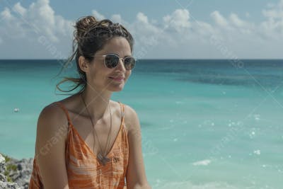 Mulher sorridente em Cancún aproveitando o paraíso tropical