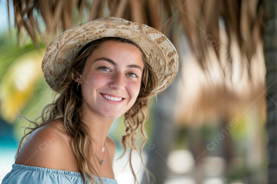 Mulher sorridente com chapéu de palha na praia