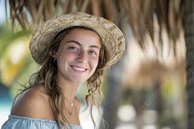 Mulher sorridente em Cancún aproveitando o paraíso tropical