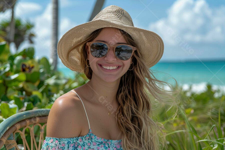 Mulher sorridente na praia com chapéu de palha