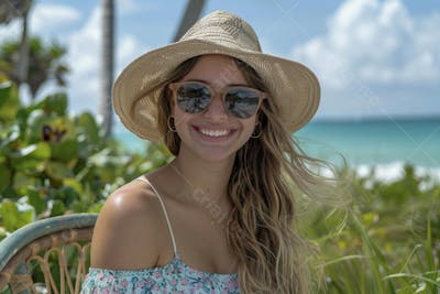 Mulher sorridente em Cancún aproveitando o paraíso tropical