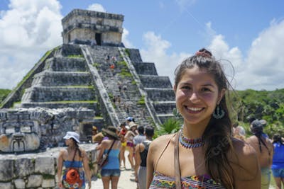 Mulher sorridente em Cancún aproveitando o paraíso tropical