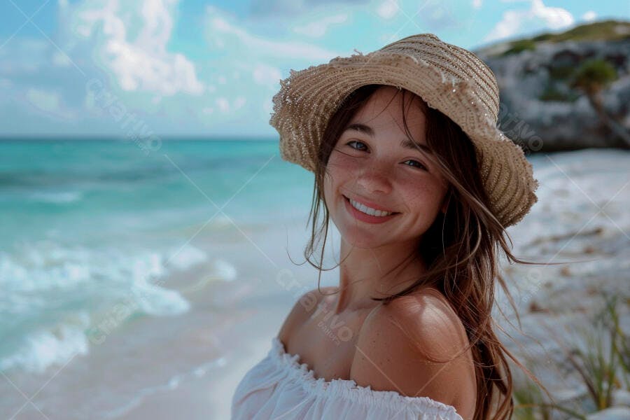 Mulher sorridente na praia com chapéu de palha