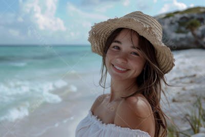 Mulher sorridente em Cancún aproveitando o paraíso tropical