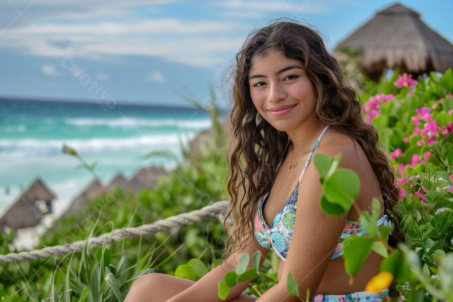 Adolescente sorrindo na praia tropical