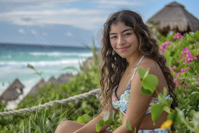 Mulher sorridente em Cancún aproveitando o paraíso tropical