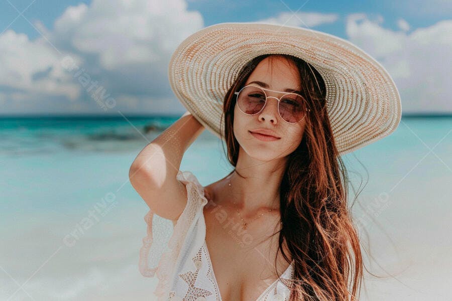 Mulher na praia com chapéu de palha