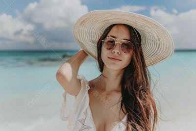 Mulher sorridente em Cancún aproveitando o paraíso tropical