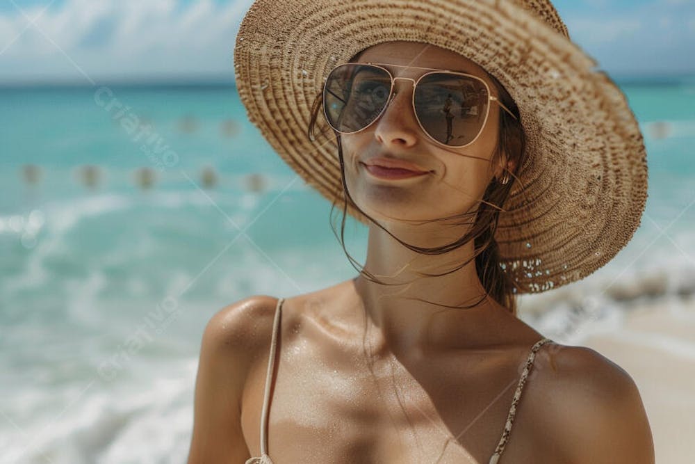 Mulher sorridente em Cancún aproveitando o paraíso tropical