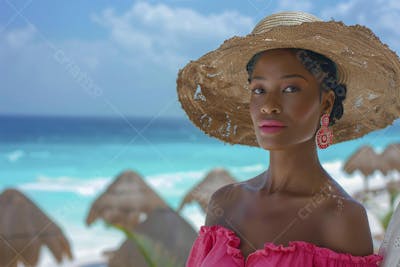 Mulher sorridente em Cancún aproveitando o paraíso tropical