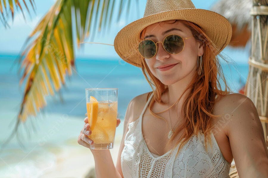 Mulher com chapéu de palha na praia com bebida