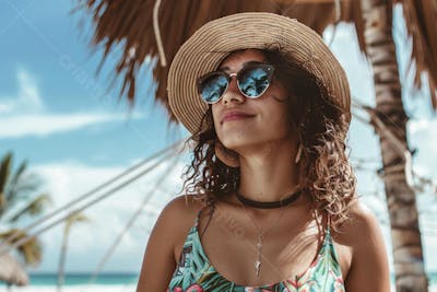 Mulher sorridente em Cancún aproveitando o paraíso tropical
