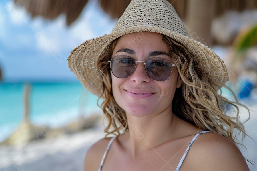 Mulher sorrindo na praia com chapéu de palha