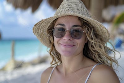 Mulher sorridente em Cancún aproveitando o paraíso tropical