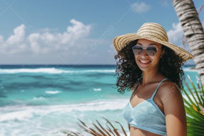 Mulher sorridente em Cancún aproveitando o paraíso tropical